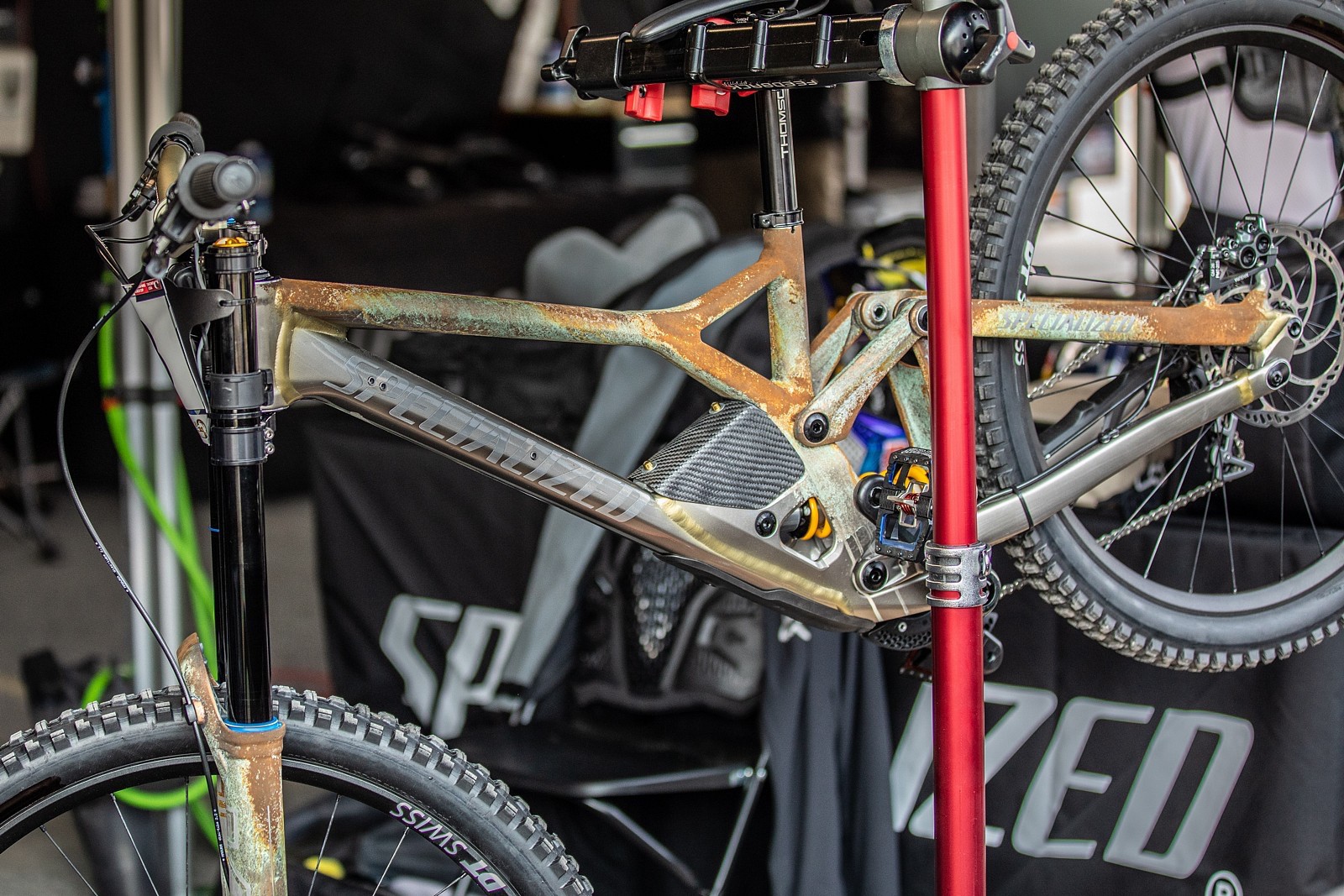 Rusty electric mountain bike in workshop