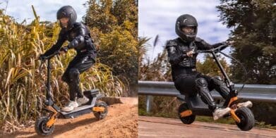 Two shots of off-road armored man riding a high-speed electric scooter