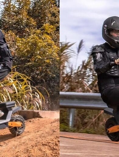 Two shots of off-road armored man riding a high-speed electric scooter