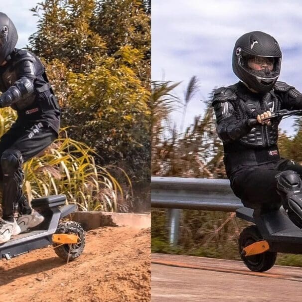 Two shots of off-road armored man riding a high-speed electric scooter