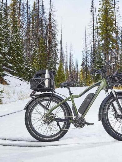 Fat-tire electric mountain bike standing off-road in forest on snow covered path