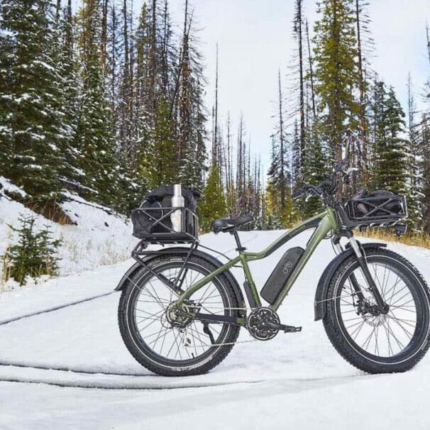 Fat-tire electric mountain bike standing off-road in forest on snow covered path
