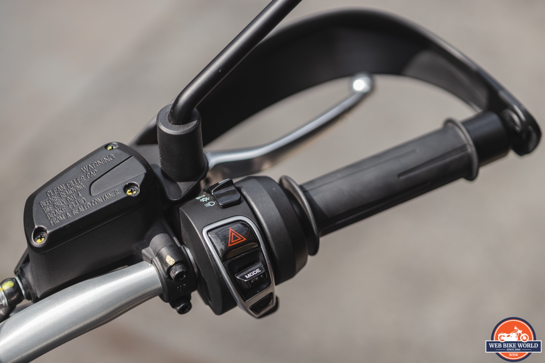 Close-up photo of the right side handlebar switches on a 2021 Moto Guzzi V85TT Centenario