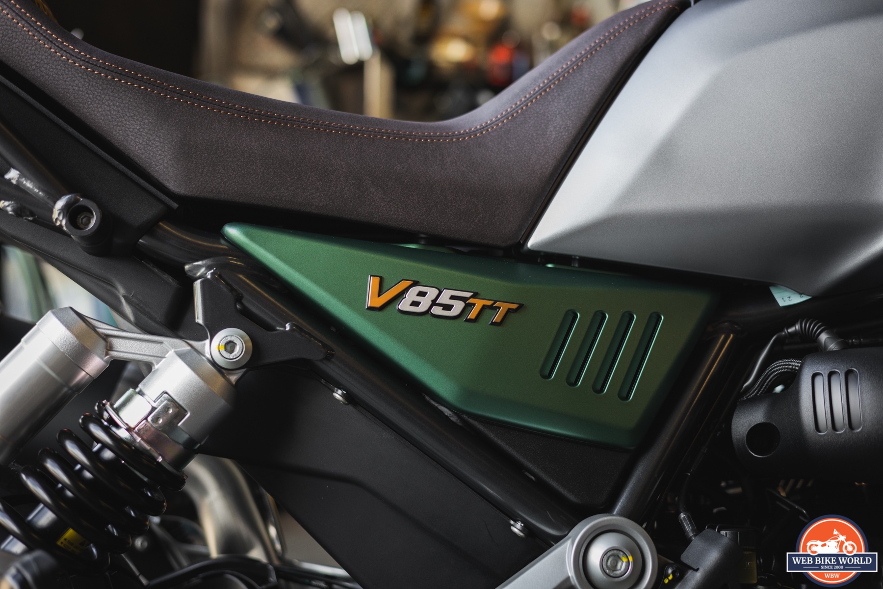 Detail photo of a 2021 Moto Guzzi V85TT Centenario right hand side cover