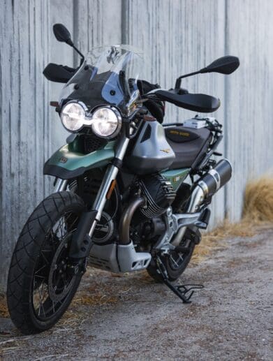 Front three-quarter photo of a 2021 Moto Guzzi V85TT Centenario