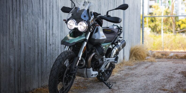Front three-quarter photo of a 2021 Moto Guzzi V85TT Centenario