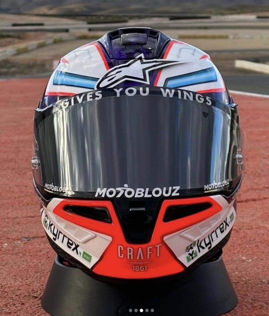 Alpinestars' very first road-racing helmet, which will be featured in 2023's MotoGP by Jorge Martin. Media sourced from Alpinestars' IG platform.