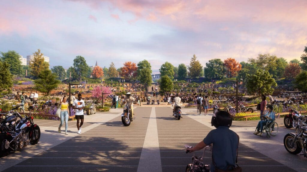 A community park in Milwaukee funded by Harley-Davidson. Media sourced from Dezeen.