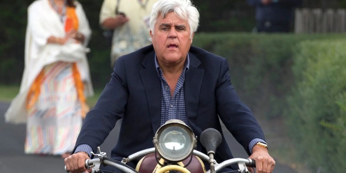 Jay Leno riding one of his vintage motorcycles. Media sourced from Entertainment Tonight.