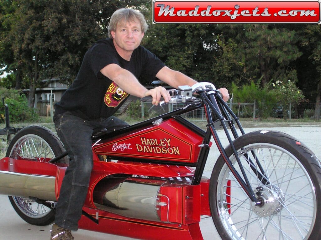 Robert Maddox's Harley-style Jet Bike. Media sourced from Maddox's website, all rights reserved.