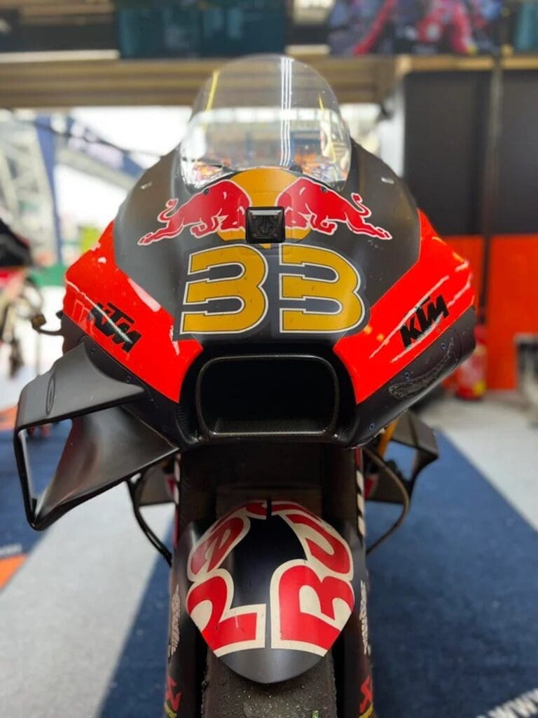 A view of Brad Binder's motorcycle after his one winglet was clipped off at lap 1 of the French GP. Media sourced from MotoGP.