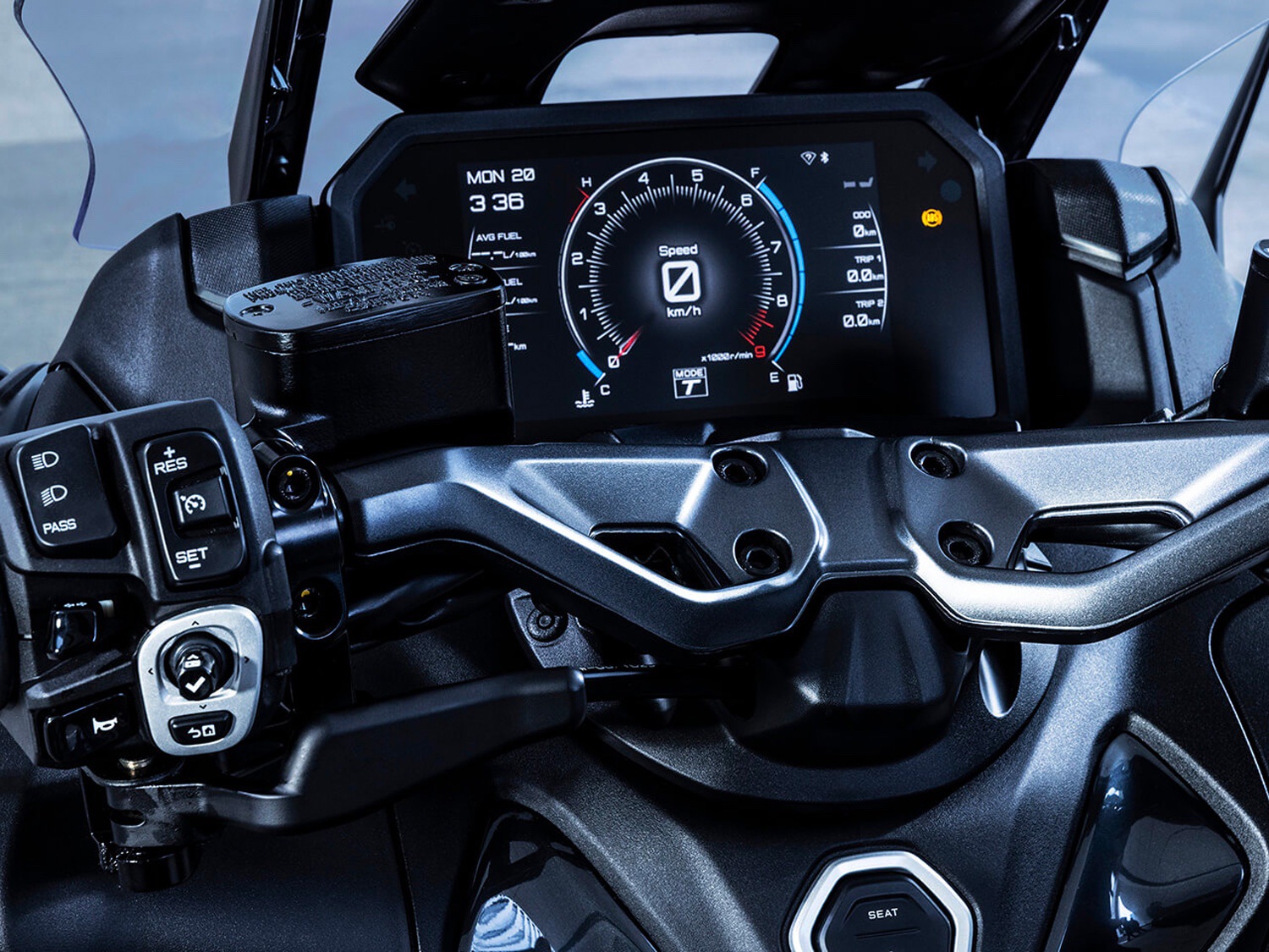 A 2022 Yamaha TMAX Tech MAX Scooter's dash and handlebars