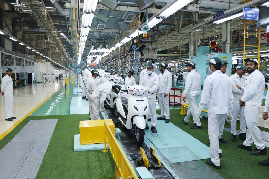 a view of the plant floor of the Honda Motorcycle and Scooter India plant in Gujarat