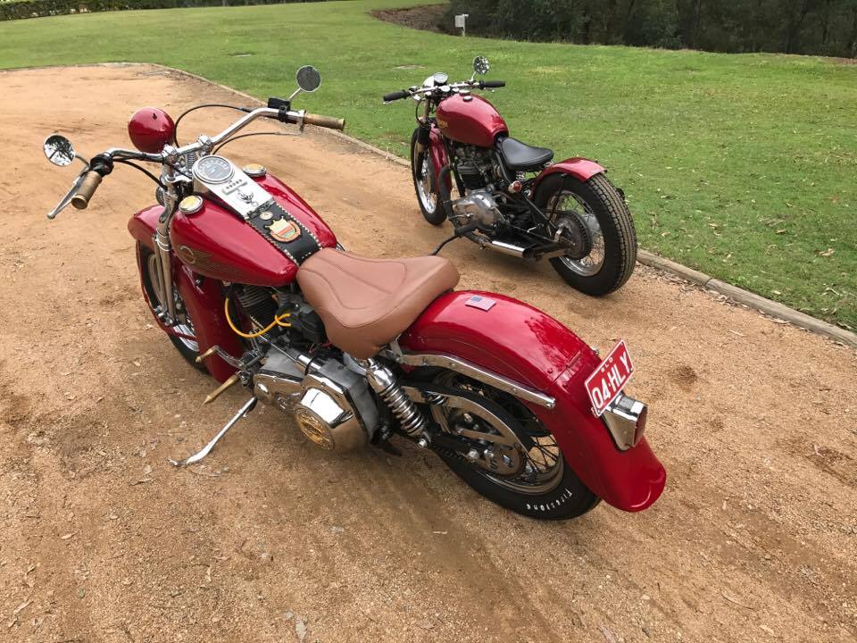 Paul Baltzer with his 1973 Triumph Bobber custom and 1970s Harley Shovelhead that he will show at the 2017 RACQ MotorFest