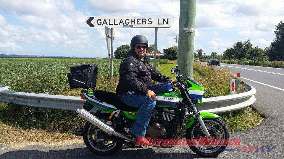 Toowoomba riding trainer Tony Gallagher watched in horror as his Kawasaki ZRX1200R sunk into thin bitumen and tall over in a Crows Nest main street parking bay.