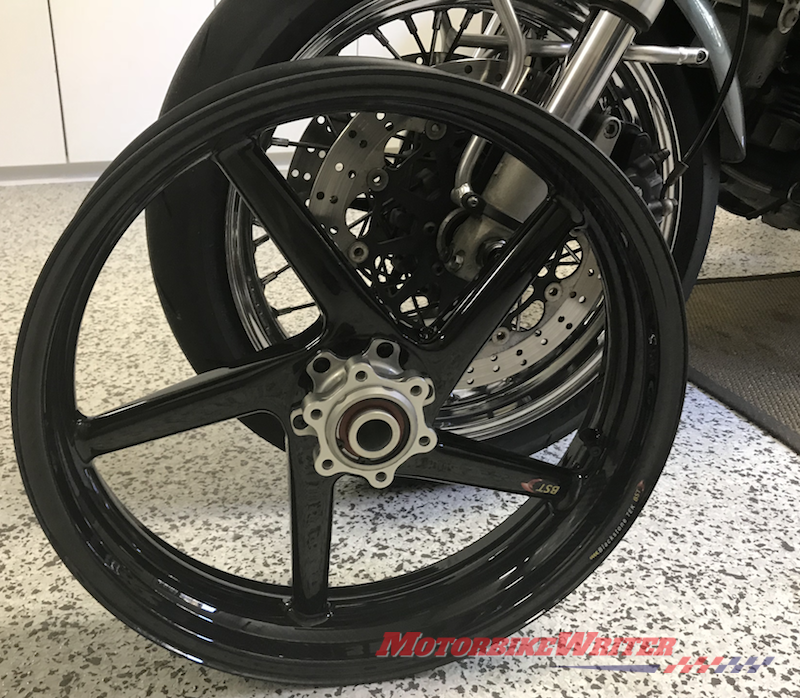 Blackstone TEK Black Diamond carbon fibre wheels for Ducati GT1000 fitting Oliver's Motorcycles farkle