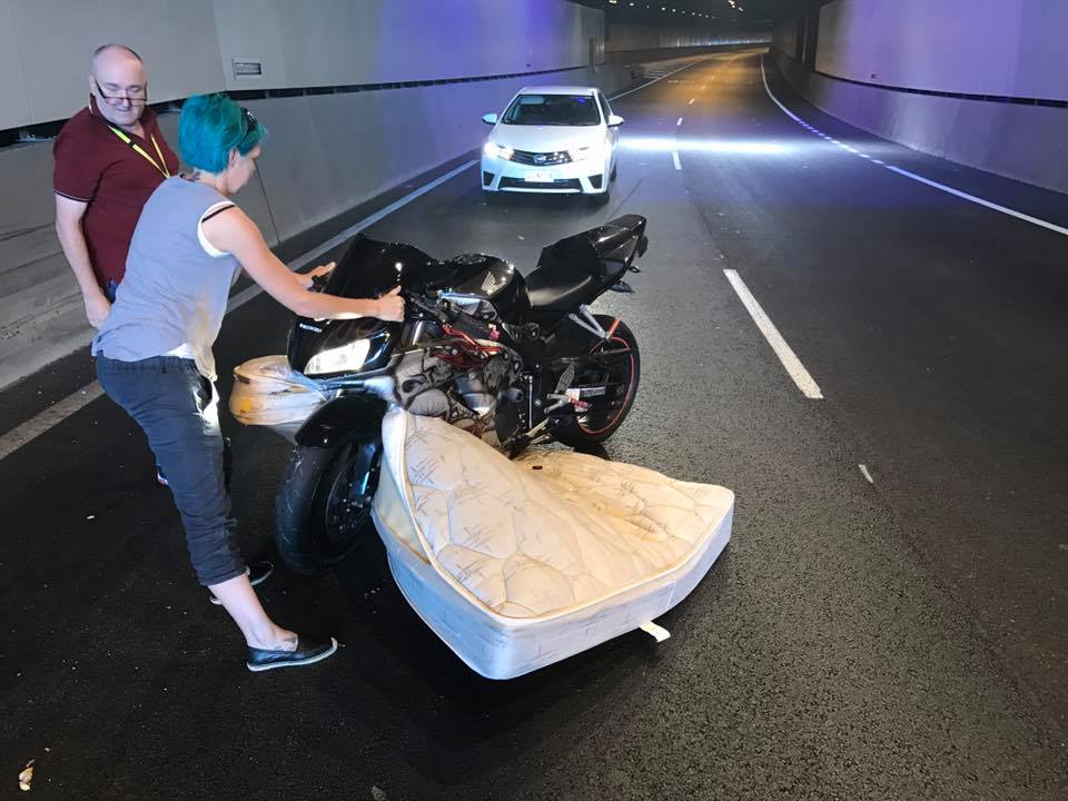 Rider hits unsecured mattress in tunnel