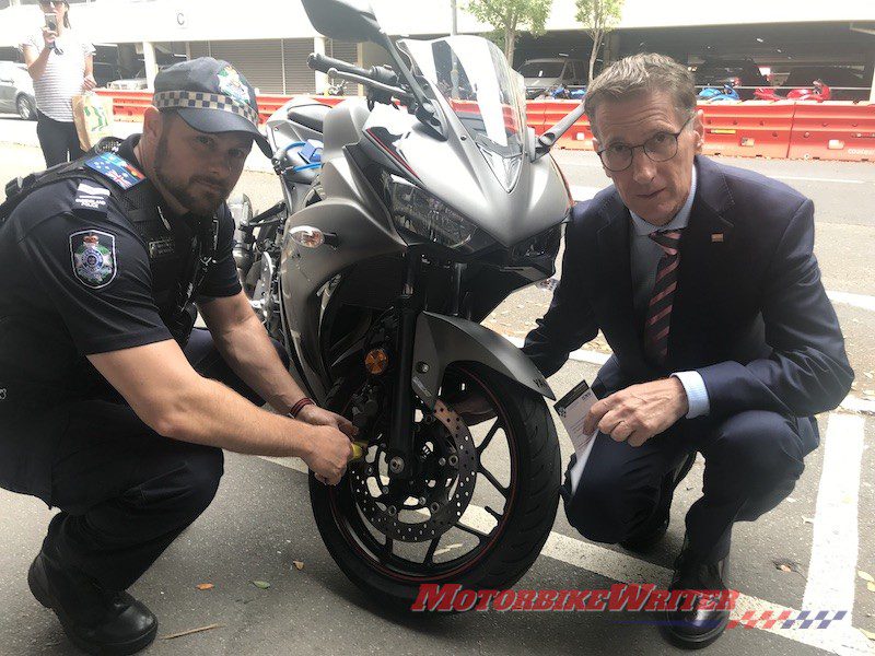 Motorcycle theft Senior Constable Tony Tatkovich and Steve Spalding RACQ