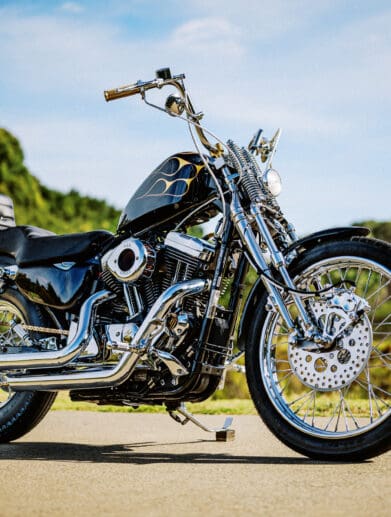 Front view of Zen Motorcycle’s 2015 Harley Sportster Chopper