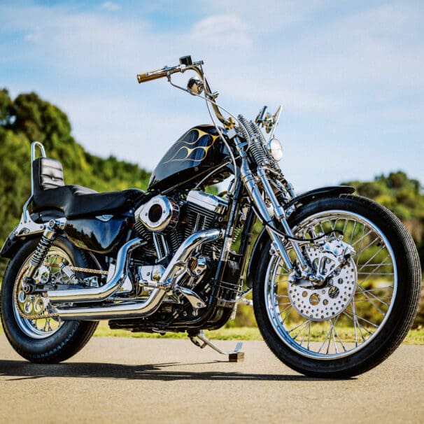 Front view of Zen Motorcycle’s 2015 Harley Sportster Chopper