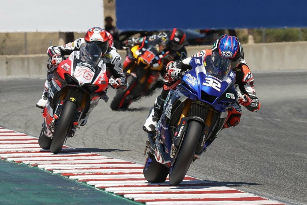 Jake Gagne ahead of Loris Baz at Laguna Seca