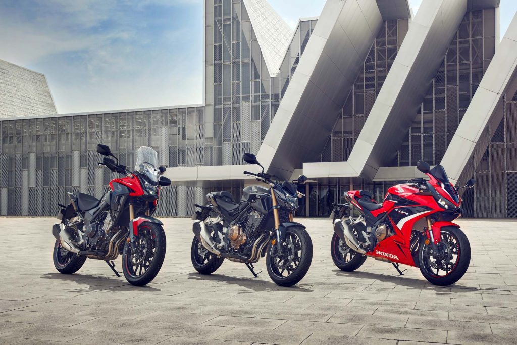 A view of the new Honda 2022 CB and CBR Lineup: The 2022 CB500F, the CB500X, and the CBR500R. 