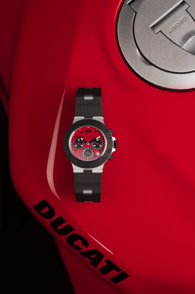 A view of the Ducati X Bulgari Special Edition Chronograph, currently available on Bulgari's website