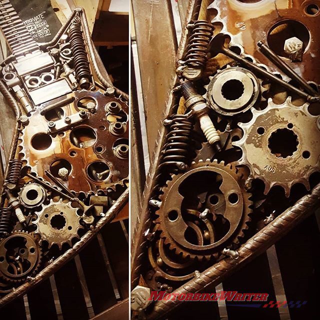 Artist Paul Tinson uses motorcycle parts for guitar sculptures