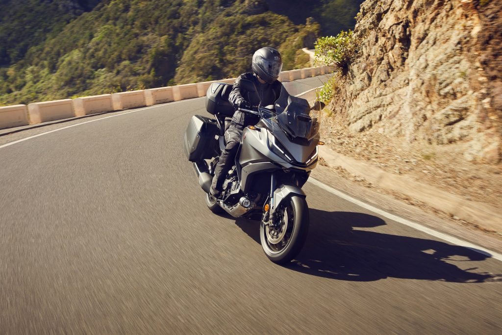 A view of the all-new 2022 Honda NT1100 - a slimmer version of Honda's Africa Twin, with may accessory options.