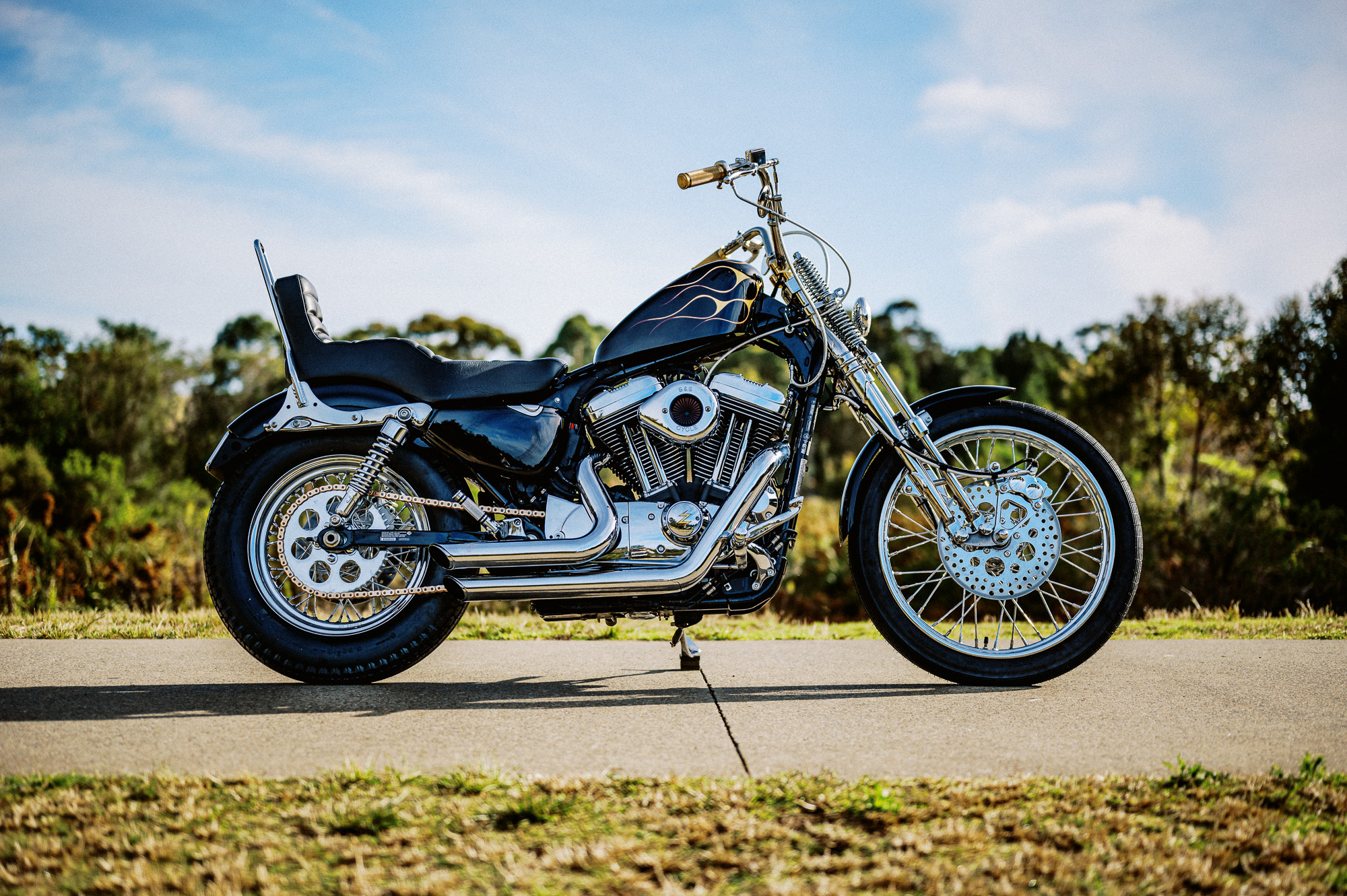 Side view of Zen Motorcycle’s 2015 Harley Sportster Chopper