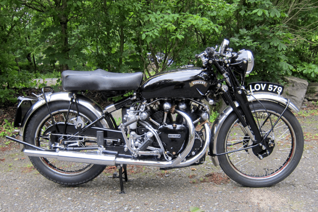 the side profile of a Brough Superior SS100 1000cc Supercharged Special re-creation, the baby of Brough devotee Ewan Cameron