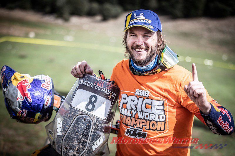  gq Toby Price FIM Cross Country Champion Australia's first Dakar Rally winner and newly crowned Cross Country Rallies World Champion Toby Price is urging riders to get their bikes out of the garage for Ride to Work Week. honour