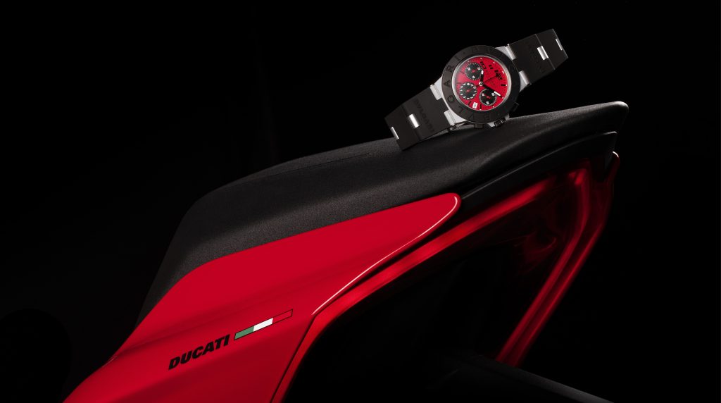 A view of the Ducati X Bulgari Special Edition Chronograph, currently available on Bulgari's website