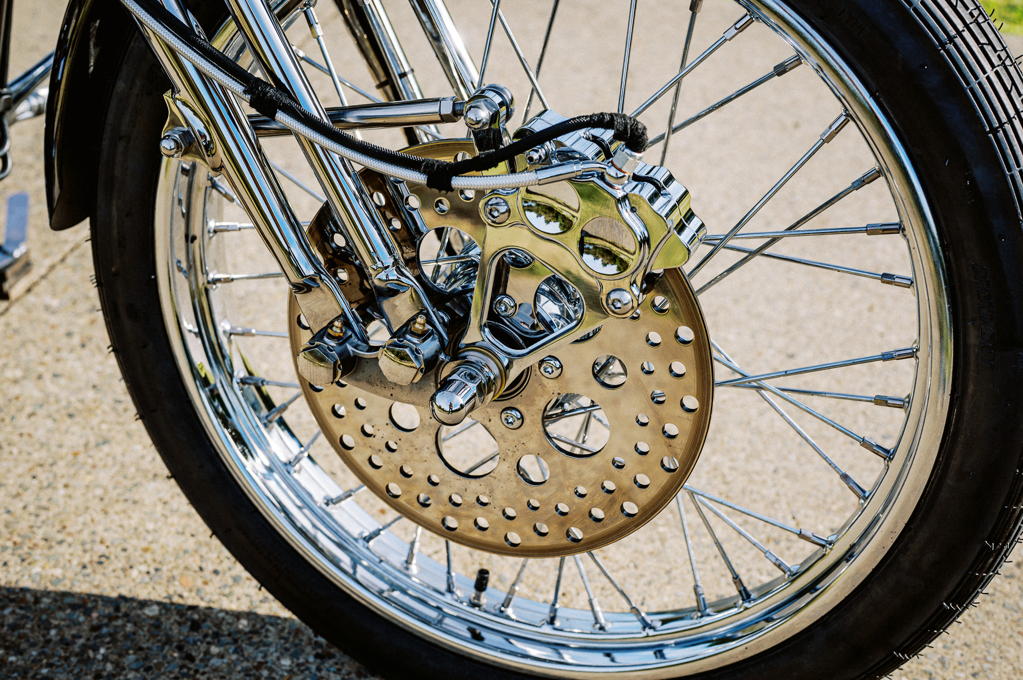 Front wheel and rotor on Zen Motorcycle’s 2015 Harley Sportster Chopper