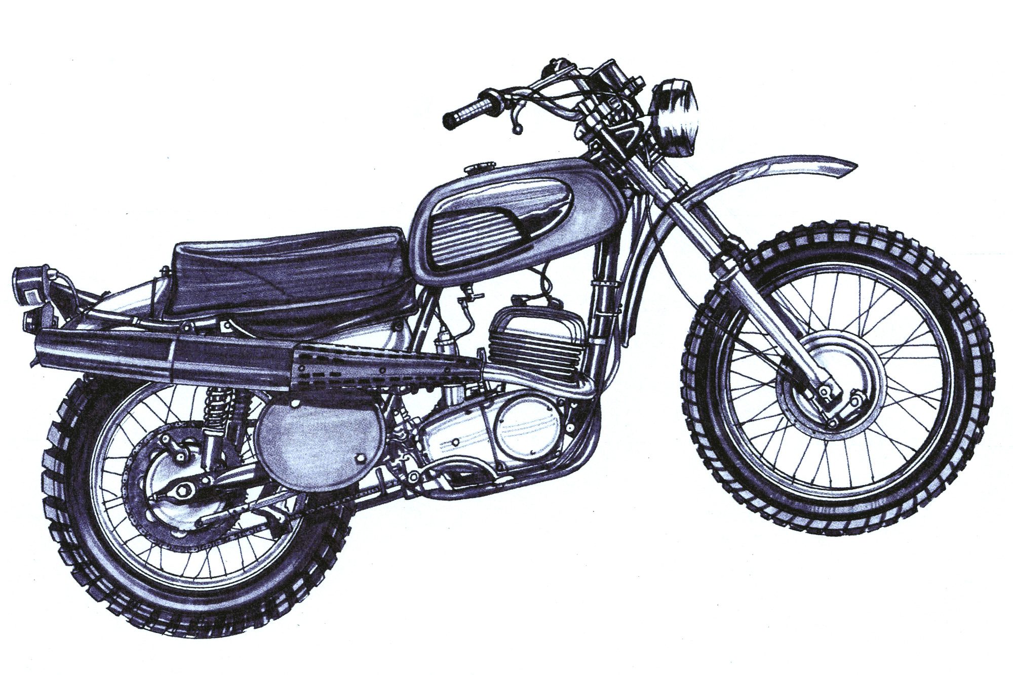 An illustration of a ’70s trail motorcycle