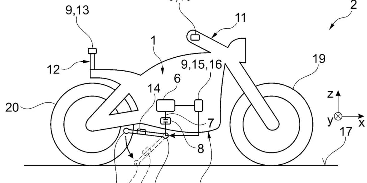 A figure of how BMW's new electronic-assistive tech will work in potential future center stands. Media sourced from CycleWorld.