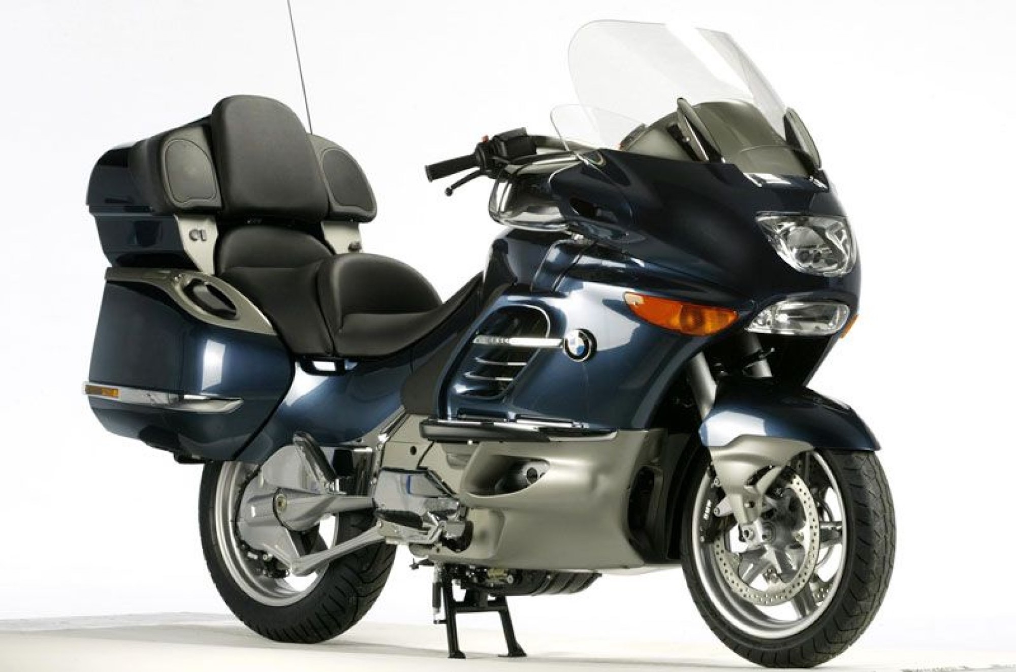 A view of BMW's 2004 K1200 LT, which featured a hydraulic/electronic stand. Media sourced from Motorcycle Sports.