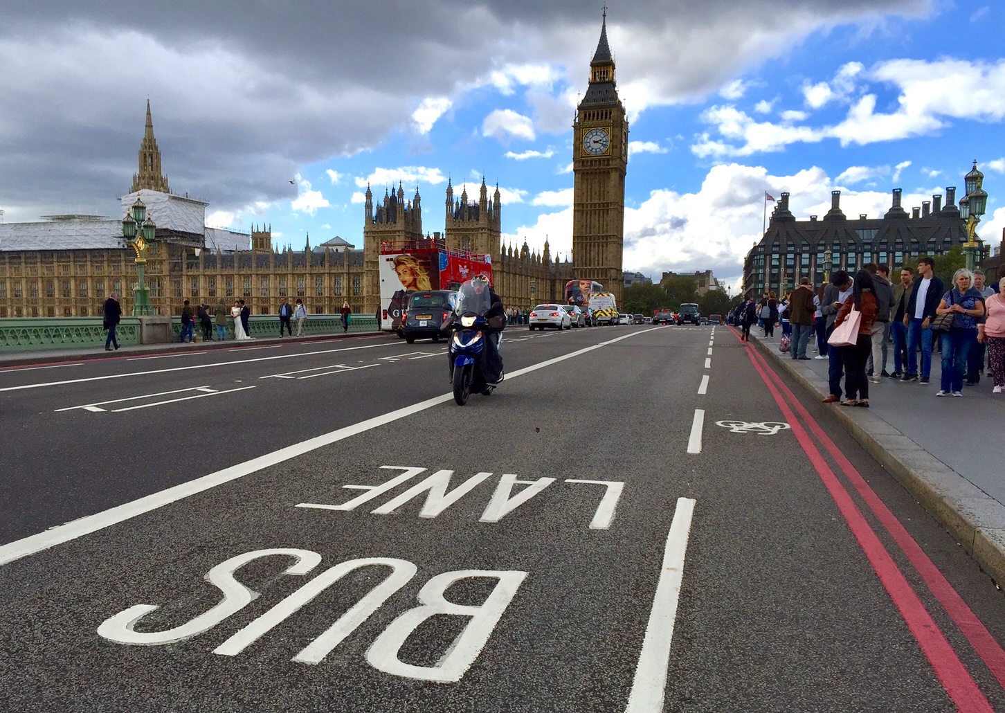 Bus lane in use in London lane filtering