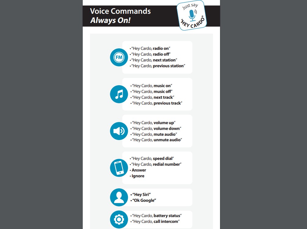 The list of available voice commands for the Cardo PackTalk Edge.