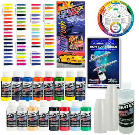 Createx KIT SUPER16 Airbrush Super Starter Kit With Pack of 100 1 Ounce Paint Mixing Cups Color Chart of all 80 Colors