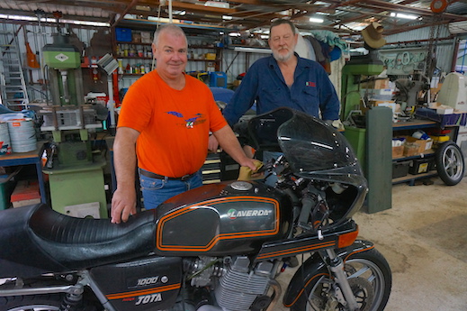 Mark Strachan with Red Cawte of Redax and Mark's Laverda Jota which will be at the concours