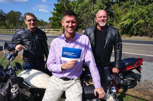 RACQ spokesman Steve Spalding, Road Safety Minister Mark Bailey and MRAQ president Chris Mearns - learner riders tolls motorcycle tolls