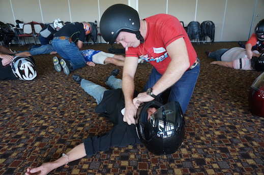 Particiants learn how to deal with helmets in a crash at the First Aid for Motorcyclists course carrot - York Motorcycle Festival Avon Valley Motorcycle Frendly Region Western Australia