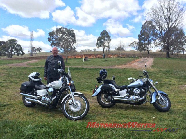 Dad standing with his Honda Shadow and dave's V-Star