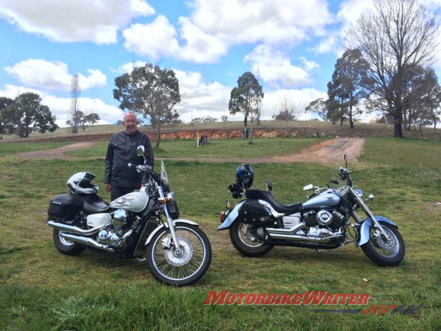 Dad standing with his Honda Shadow and dave's V-Star