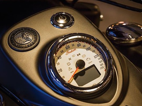 Grandfather-clock-styled instruments on the Indian Chief Dark Horse - Indian Chief Dark Horse