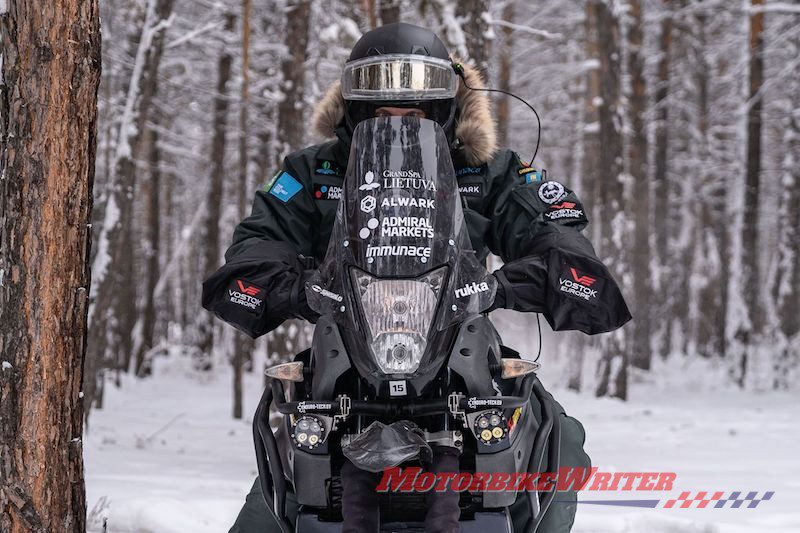 Lithuanian motorcycle adventurer Karolis Mieliauskas competes an epic ride to the coldest place on earth on a Yamaha Tenere