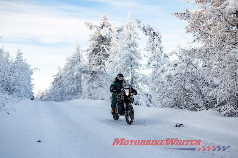 Lithuanian motorcycle adventurer Karolis Mieliauskas competes an epic ride to the coldest place on earth on a Yamaha Tenere