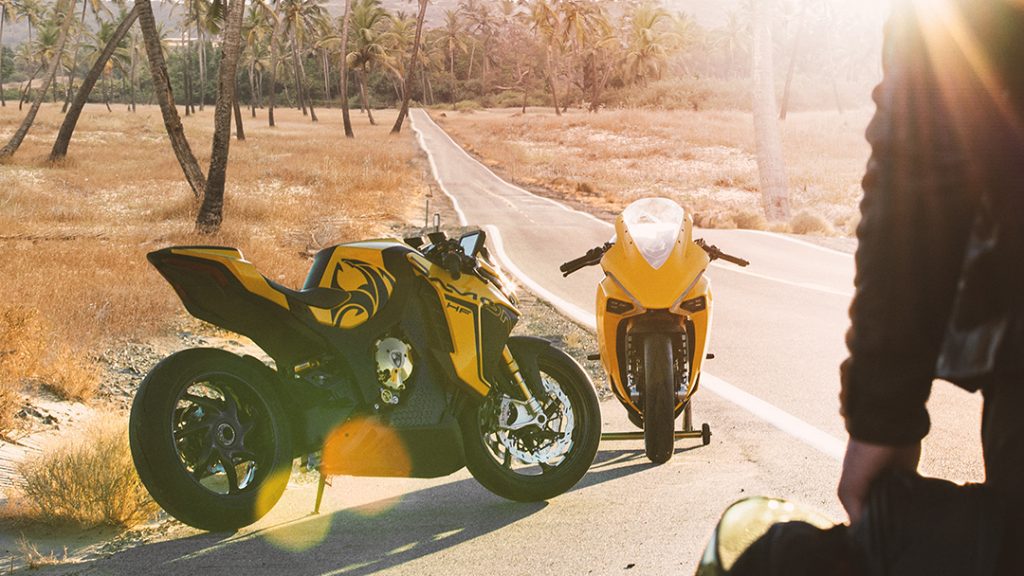 Damon Motorcycles' electric motorcycle, the Hyperfighter, next to the brand's supersport variant, the Hypersport. Photo courtesy of Facebook.