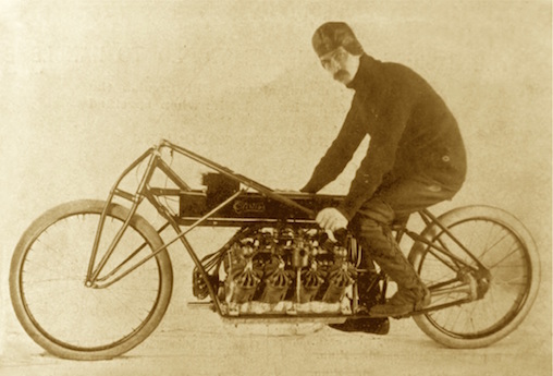 Speed record holder Glenn Curtiss on his 1907 V8 motorcycle fuel economy